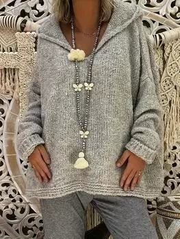 Rose Beauty A Plus Size Solid Hooded Sweater, Casual Long Sleeve Sweater For Autumn & Winter, Women s Plus Size Clothing 1XL серый