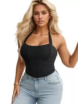 Rose Beauty A Plus Solid Ruched Halter Neck Lace Up Backless Halter Shapewear Corset Top 2XL белый