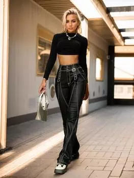 Rose Beauty A. Расклешенные брюки из искусственной кожи с высокой талией, декоративными швами и двумя металлическими кольцами в стиле рейв-панк 90-х. M чёрный