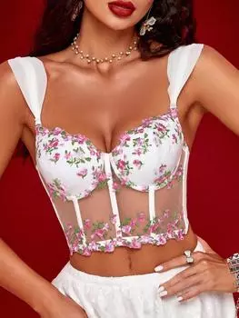Rose Beauty A Rave Elegant Flower Embroidery Mesh Sheer Backless Wide Breathable Braset Bustier Shapewear Party Crop Cami Top L разноцветный