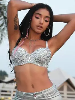 Rose Beauty A Rave Festival, сверкающий декор из страз, открытая спина, регулируемый ремешок, бюстье, корсет, клубная одежда, супер укороченный топ-топ M белый