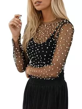 Rose Beauty A Rave Glamorous Pearls Bisded Decor Shesh Transparent Long Sleeve Cover Up Clubwear Top Without Cami Top Outfit Valentine s Day Outfit S чёрный