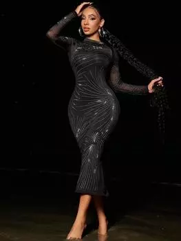Rose Beauty A Rave Mesh Эластичный длинный рукав воротник-стойка с узором фейерверк облегающее вечернее платье со стразами горячей фиксации XS чёрный