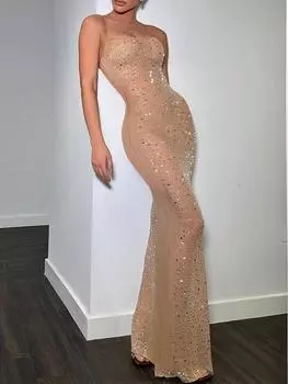 Rose Beauty A Rave Mesh Прозрачное платье со стразами, эластичное, с квадратным вырезом, подолом «русалка», на тонких бретельках, облегающее платье для вечеринок, наряды для свиданий S