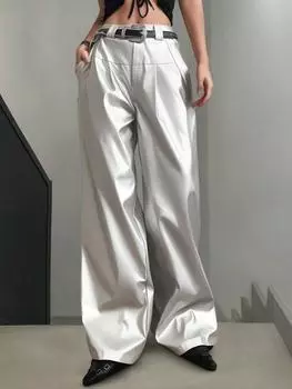 Rose Beauty A Rave Metallic Silver High Talyas Pleated Slant Pocket Wide Leg PU Leather Casual Comfy Pants S серебряный