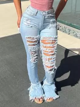 Rose Beauty A Rave Y2K Street Высокая талия Эластичные косые карманы Рваные декорированные необработанные края Карго Повседневные Узкие расклешенные модные джинсы XS светло-синий