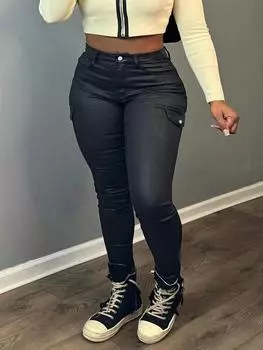 Rose Beauty A с высокой талией и карманами-клапанами сбоку из искусственной кожи, эластичные обтягивающие брюки-карго длиной до щиколотки XS чёрный