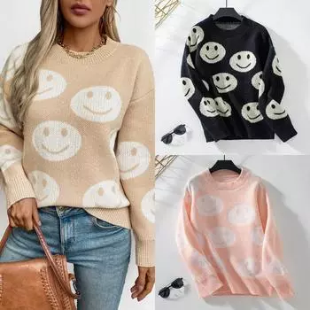 Rose Beauty A Smiley Face Pattern свитер-пуловер для женщин осень и зима новый свободный круглый вырез свитер для женщин S хаки
