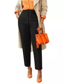 Rose Beauty A Женское однотонное платье с высокой талией, декоративным швом, косым карманом, повседневное прямое платье, костюмы, брюки, свободные брюки XS чёрный