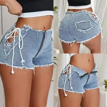 Rose Beauty A Sreet Повседневные Шнуровка Завязка Боковая Молния Ширинка Рваные Необработанные Отделки Джинсовые Мини Шорты XS синий