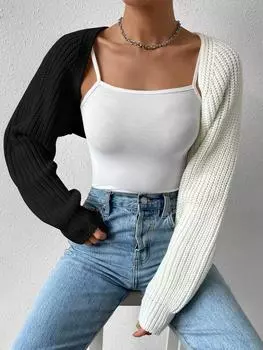 Rose Beauty A Street контрастный повседневный повседневный кардиган с рукавами «летучая мышь» и открытым передом XXS чёрный/белый