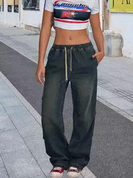 Rose Beauty A Street Новые винтажные эластичные повседневные джинсы с завязками на шнурке и карманами, широкие повседневные джинсы, подходят для повседневной носки XS синий