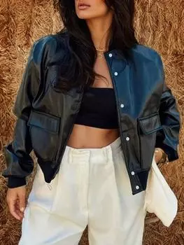 Rose Beauty A Street пряжка передний клапан карманы бейсбольный воротник свободный искусственная кожа повседневная мотоциклетная куртка пальто для женщин XL