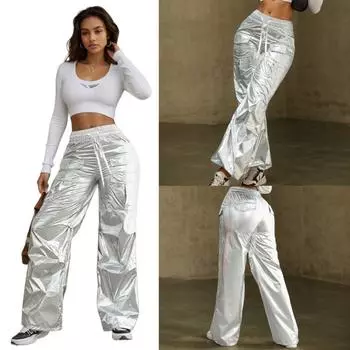 Rose Beauty A Street с карманом-клапаном спереди и затягивающимся шнурком на талии, металлические брюки-карго, женские повседневные брюки-джоггеры, свободные брюки с высокой талией S