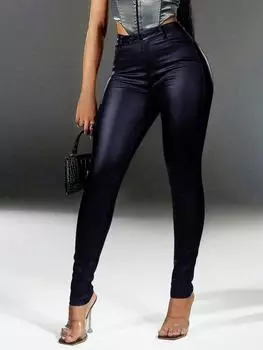 Rose Beauty A Street с высокой талией, косыми карманами и двумя пуговицами из искусственной кожи, обтягивающие эластичные зауженные брюки XS синий