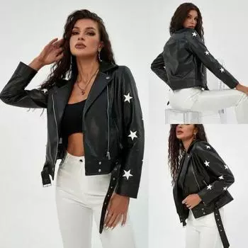 Rose Beauty A Street Vibes Звездный Принт Молния PU Кожаная Мото Куртка XS чёрный
