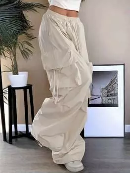 Rose Beauty A Street Высокая талия Карман с клапаном Затягивающийся шнурок Талия Эластичный подол Со сборками Повседневная одежда Широкие штанины Парашютные брюки-карго XS абрикосовый