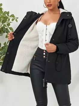 Rose Beauty A Teddy Linen Drawstring Hooded Slant Pockets Parka Padded Coat L чёрный