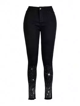 Rose Beauty A Узкие брюки с высокой талией, косыми карманами и отделкой стразами XS чёрный
