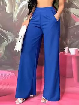 Rose Beauty A Высокая талия Эластичные скрытые эластичные косые карманы Широкие брюки строгие рабочие деловые струящиеся брюки XS синий