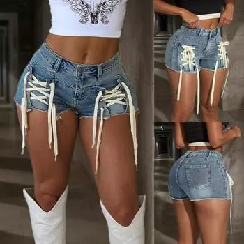 Rose Beauty A Women Rave Y2K Street Lace Up Tie Front Raw Hem Stretchy Casual Slim Denim Shorts Classic Bodycon Mini Denim Jeans Shorts XS