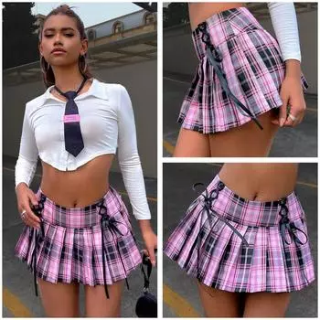 Rose Beauty A WomenY2K Preppy Skateboard в японском стиле JK Контрастная клетчатая юбка со шнуровкой спереди и плиссированными мини-юбками с защитными брюками XS разноцветный