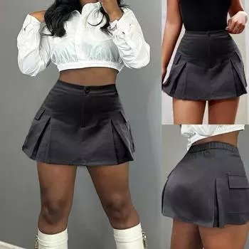 Rose Beauty A WomenY2K сексуальная серая юбка-карго в стиле колледжа с плиссировкой и расклешенным подолом, мини-юбка с высокой талией, утягивающая, повседневная рабочая юбка XS темно серый