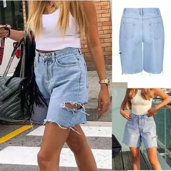 Rose Beauty A WomenY2K Street Косые карманы Потертые рваные вырезы по бокам Необработанный край Свободные эластичные джинсы-бермуды Повседневные шорты из денима XS синий