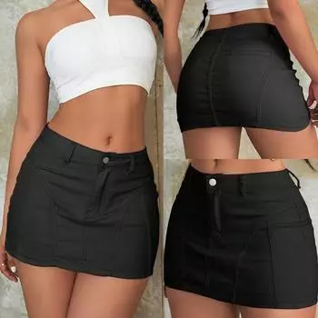 Rose Beauty A WomenY2K Street Solid Шов Деталь Эластичная Высокая Талия Джинсовая Мини-Юбка Повседневные Утягивающие Джинсовые Юбки S чёрный