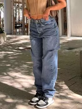 Rose Beauty A Y2K 90s Высокая талия Косые карманы Вырезы Рваные необработанные прямые штанины Вымытые джинсы Повседневные повседневные джинсовые брюки XS