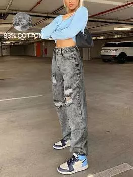 Rose Beauty A Y2K 90s Высокая талия Косые карманы Рваные необработанные прямые штанины Выстиранные джинсы Повседневные повседневные джинсовые брюки XS