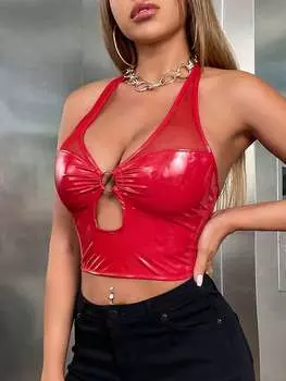 Rose Beauty A Y2K ажурный кольцевой стык сетка халтер искусственная кожа спинка корсет укороченный топ XS красный