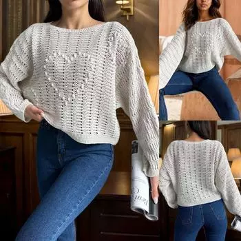 Rose Beauty A Y2K круглый вырез в форме сердца с длинным рукавом крючком свободный крой трикотажный свитер топ XS хаки