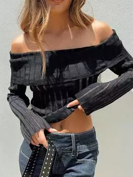 Rose Beauty A Y2K облегающий трикотажный свитер с открытыми плечами и длинными рукавами, отделка салатом, эластичная повседневная футболка XS чёрный