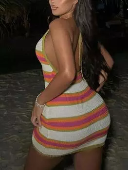 Rose Beauty A Y2K Радужная полосатая цветная безрукавка вязаный крючком свитер облегающее платье без спинки XS разноцветный