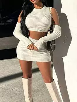 Rose Beauty A Y2K Rave комплект из 3 предметов белого трикотажного костюма, круглый вырез, без рукавов, укороченный жилет, перчатки и трикотажная облегающая мини-юбка с высокой талией, весенний комплект M белый