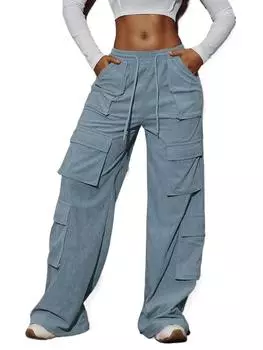 Rose Beauty A Y2K с карманом-клапаном и шнурком на талии, широкие брюки-карго в стиле хип-хоп из вельвета XS синий