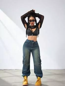 Rose Beauty A Y2K Street American New Vintage Washed Асимметричные джинсы-карго с клапаном на талии и боковыми карманами XS синий