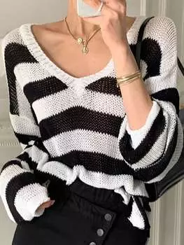 Rose Beauty A Y2K Street Casual Oversize Contrast Stripe V Neck Drop Shoulder Free Fit Knit Cover Up свитер Top XS чёрный/белый