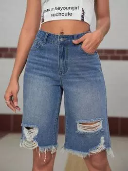 Rose Beauty A Y2K Street Косой карман Потертый рваный потертый край Лоскутный карман Необработанная отделка Бермуды Джинсовые шорты Джинсовые шорты S синий