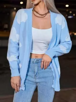 Rose Beauty A Y2K Street Kwaii Cloud Print Drop Shoulder V-образный вырез свободный крой открытый перед трикотажный кардиган Duster XS синий/белый