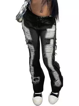 Rose Beauty A Y2K Street состаренные потертые рваные необработанные вырезы с косыми карманами узкие расклешенные джинсы бойфренды джинсовые брюки S чёрный