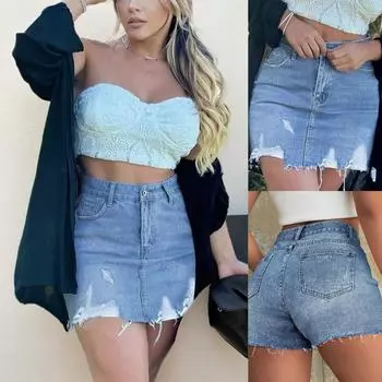 Rose Beauty A Y2K Street состаренные рваные косые карманы необработанный край повседневные удобные джинсовые мини-юбки XS маленький мальчик синий