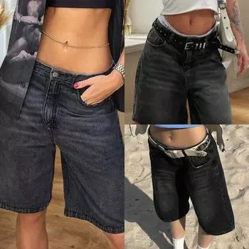 Rose Beauty A Y2K Street Vintage Washed Slant Pocket Cat Whiskers Trendy Style Wide Leg Bermuda Jeans XS синий