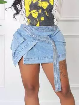 Rose Beauty A Y2K Street Washed 1 шт. Регулируемый ремень с пряжкой, асимметричный пояс с клапаном, карман, облегающая мини-юбка-карго из денима с запахом XS синий