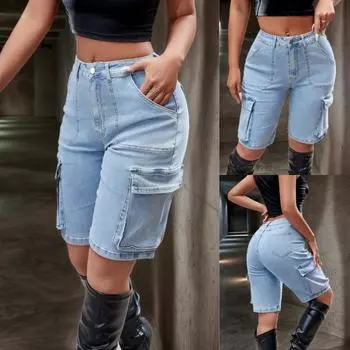 Rose Beauty A Y2K Street Washed Эластичные шорты-карго с заниженной талией и карманами сбоку, широкие джинсовые шорты XS синий