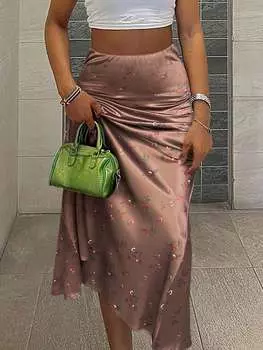 Rose Beauty A женская элегантная повседневная винтажная атласная юбка-миди с высокой резинкой на талии и цветочным принтом, очень широкая, свободного покроя, А-силуэта M розы красного