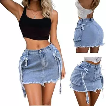 Rose Beauty A Женская джинсовая мини-юбка с высокой талией Y2K с карманами-клапанами и отделкой из тесьмы, необработанным краем, узкая джинсовая юбка, универсальная XS синий