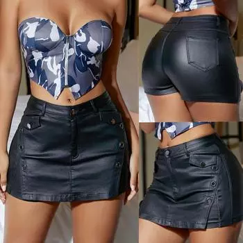 Rose Beauty A женская мода металлизированный люверс высокая талия клапан деталь разрез сбоку искусственная кожа ультра короткая мини-юбка клуб сексуальные горячие танцевальные юбки для женщин XS чёрный