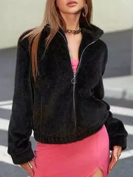 Rose Beauty A женская однотонная повседневная куртка-бомбер из фланели на молнии с заниженной линией плеч, свободного кроя, пушистое пальто S чёрный